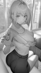  1girl absurdres ass bangs bare_shoulders blush breasts commentary_request eyebrows_visible_through_hair from_behind gentsuki greyscale hair_intakes highres large_breasts looking_at_viewer looking_back monochrome original parted_lips shirt_tucked_in short_hair sitting skirt sleeveless solo 