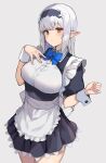  1girl absurdres apron black_hairband blue_bow blue_bowtie blush bow bowtie breasts brown_eyes cowboy_shot dress elf eyebrows_visible_through_hair frilled_dress frills grey_background hairband hand_on_own_chest highres large_breasts long_hair looking_at_viewer maid maid_apron original pointy_ears puffy_short_sleeves puffy_sleeves ryou_(ponpgo) short_sleeves simple_background solo white_hair wrist_cuffs 