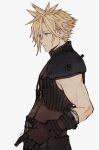  1boy aqua_eyes armor asymmetrical_hair bandaged_arm bandages belt bishounen blonde_hair cloud_strife earrings final_fantasy final_fantasy_vii final_fantasy_vii_remake gloves hair_between_eyes hand_on_hip jewelry looking_to_the_side male_focus mim_(mimya0600) multiple_belts muscular muscular_male short_hair shoulder_armor single_earring sleeveless sleeveless_turtleneck solo suspenders turtleneck upper_body white_background 