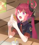  1girl abish black_shirt blue_archive blurry blurry_foreground burger collared_shirt cup disposable_cup food halo highres holding holding_food horns junko_(blue_archive) looking_at_viewer necktie open_mouth poster_(object) purple_eyes red_hair red_necktie shirt short_sleeves sidelocks sitting solo tabi twintails 