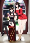  2girls absurdres bad_source bangs black_dress black_hair breasts dress dual_persona earrings hair_ornament hairband highres holding jewelry large_breasts long_hair looking_at_viewer melkcoffee multiple_girls red_eyes self_upload sidelocks smile spy_x_family yor_briar 