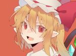  1girl blonde_hair bow commentary_request fang flandre_scarlet hair_between_eyes hat hat_bow highres liangyilin looking_at_viewer medium_hair mob_cap one_side_up open_mouth pointy_ears portrait red_background red_bow red_eyes slit_pupils smile solo touhou white_headwear 
