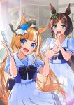  2girls :d :o akikawa_yayoi_(umamusume) animal_ears animal_on_head bangs blonde_hair blue_eyes blue_flower blue_rose blunt_bangs blush bow bowtie brown_hair cat cat_on_head commentary_request eyebrows_visible_through_hair fang flower folding_fan green_eyes hair_flower hair_ornament hand_fan hayakawa_tazuna highres horse_ears horse_girl horse_tail indoors long_hair looking_at_viewer multicolored_hair multiple_girls nabe_saori nose_blush on_head pleated_skirt rose sailor_collar school_uniform skin_fang skirt smile streaked_hair summer_uniform swept_bangs tail tracen_school_uniform umamusume white_hair white_skirt 