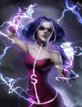  1girl absurdres artist_name bare_shoulders electricity electrokinesis fingernails gloves grey_eyes highres magic nail_polish purple_hair rhe_yan solo stormy_(winx_club) upper_body winx_club witch 