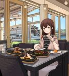  1girl akagi_(kancolle) bangs blush brown_eyes brown_hair building chair closed_mouth commentary_request cup day food fork hanging_light hitakikan indoors jacket kantai_collection light_bulb long_hair looking_at_viewer open_clothes open_jacket plate shirt sitting skirt sky solo steak striped striped_shirt table watch white_skirt window wristwatch 