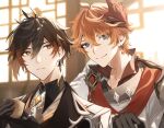  2boys :| bangs black_gloves black_hair blue_eyes brown_hair choko_(cup) closed_mouth cup earrings genshin_impact gloves gradient_hair hair_between_eyes highres holding holding_cup jacket jewelry long_hair looking_at_viewer male_focus mask mask_on_head multicolored_hair multiple_boys orange_eyes orange_hair ponytail poyapoya_c red_eyeliner red_scarf scarf single_earring smile symbol-only_commentary tartaglia_(genshin_impact) thumb_ring upper_body zhongli_(genshin_impact) 