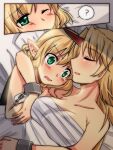  2girls ? amagumo arm_around_neck bangs blonde_hair blush breasts cleavage closed_eyes commentary_request cuffs eyebrows_visible_through_hair green_eyes hair_between_eyes horns hoshiguma_yuugi long_hair medium_breasts mizuhashi_parsee multiple_girls one_eye_closed open_mouth partial_commentary pointy_ears red_horns sarashi short_hair single_horn spoken_question_mark touhou upper_body yuri 