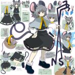  1girl absurdres animal_ears bangs basket black_footwear capybara commentary_request crystal dowsing_rod dress eyebrows_visible_through_hair grey_dress grey_hair grey_skirt grey_vest highres jewelry layered_clothes long_sleeves mc_pyth mouse mouse_ears mouse_girl mouse_tail nazrin pendant red_eyes shirt shoes short_hair skirt skirt_set socks solo tail touhou undefined_fantastic_object vest white_legwear white_shirt 