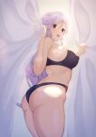  1girl a-o_a absurdres ass black_panties breasts commission commissioner_upload covered_nipples curtain_grab curtains fanbox_username fire_emblem fire_emblem:_genealogy_of_the_holy_war highres ishtar_(fire_emblem) large_breasts long_hair non-web_source open_mouth panties patreon_username purple_eyes purple_hair shirt sunlight thighs underwear 