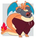  2022 absurd_res aimbot-jones anthro belly big_belly big_breasts bottomwear breasts charizard clothing curvaceous curvy_figure digital_media_(artwork) dragon eyelashes eyes_closed female hands_behind_back hi_res huge_hips huge_thighs membrane_(anatomy) membranous_wings nintendo orange_body orange_scales overweight overweight_female pants pok&eacute;mon pok&eacute;mon_(species) scales smile solo sweatpants thick_tail thick_thighs topwear valentina_(aimbot-jones) video_games voluptuous wide_hips wings 