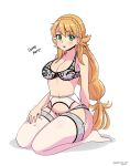  1girl absurdres blonde_hair blush bra breasts cleavage english_commentary english_text fire_emblem fire_emblem_heroes garter_belt garter_straps green_eyes highres jarckius lap_pillow_invitation lingerie looking_at_viewer medium_breasts no_pants no_shoes open_mouth panties sharena_(fire_emblem) thighhighs underwear white_bra white_legwear white_panties 