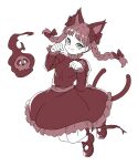  1girl :3 animal_ears blush bow braid cat_ears cat_tail clenched_hands dress extra_ears floating_skull footwear_bow ghost hitodama itani_illust jumping kaenbyou_rin leg_ribbon mary_janes monochrome multiple_tails paw_pose puffy_sleeves ribbon sepia shoes simple_background skull slit_pupils tail touhou twin_braids two_tails white_background 