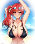  1girl 99illust absurdres arm_behind_head arms_up artist_name asymmetrical_hair azur_lane beach bikini black_bikini breasts eyebrows_visible_through_hair goggles goggles_on_head highres huge_breasts italian_flag light_blush long_hair looking_at_viewer multi-strapped_bikini o-ring o-ring_bikini ocean official_alternate_costume red_hair sand side_ponytail solo sweat swimsuit upper_body vignetting water yellow_eyes zara_(azur_lane) zara_(poolside_coincidence)_(azur_lane) 