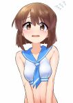  1girl absurdres bangs bare_shoulders blue_neckerchief blue_sailor_collar blush bob_cut breasts brown_eyes brown_hair collarbone commentary crop_top embarrassed flying_teardrops hagiwara_yukiho hair_between_eyes highres idolmaster idolmaster_(classic) looking_at_viewer m_xay midriff navel neckerchief open_mouth parted_lips raised_eyebrows sailor_bikini sailor_collar sailor_swimsuit_(idolmaster) short_hair simple_background small_breasts solo swimsuit tearing_up tears upper_body v_arms wavy_mouth white_background white_swimsuit 
