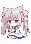  1girl animal_ear_fluff animal_ears bangs blue_sailor_collar blush_stickers book bow cat_ears cat_girl cat_tail chibi closed_mouth commentary dress eyebrows_visible_through_hair full_body grey_hair hair_bow highres holding holding_book long_hair long_sleeves looking_at_viewer nakkar open_book original pink_bow puffy_long_sleeves puffy_sleeves purple_eyes sailor_collar sailor_dress seiza signature sitting solo tail twintails very_long_hair white_background white_dress 