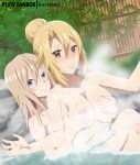  2girls angelica_rafa_redgrave areola_slip blue_eyes breast_grab breasts cleavage closed_mouth embarrassed fence grabbing grabbing_from_behind groping hair_bun kurigamikun large_breasts medium_hair multiple_girls naked_towel olivia_(mobseka) onsen otome_gee_sekai_wa_mob_ni_kibishii_sekai_desu red_eyes steam stone towel wet wooden_fence yuri 