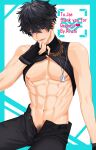  1boy abs absurdres black_hair black_pants black_tank_top blue_eyes chain chain_necklace commission forehead highres indie_virtual_youtuber jae_(vtuber) jewelry male_focus male_pubic_hair muscular muscular_male navel necklace nipples pants pinchi pubic_hair short_hair stomach tank_top 