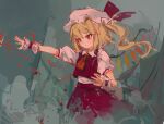 1girl abstract_background ascot blonde_hair bow closed_mouth commentary crystal dust_cloud flandre_scarlet hat hat_bow highres medium_hair mob_cap one_side_up outstretched_arm puffy_short_sleeves puffy_sleeves red_bow red_eyes red_nails red_skirt red_vest reddizen serious shirt short_sleeves skirt skirt_set solo standing touhou vest waist_bow white_headwear white_shirt wings wrist_cuffs yellow_ascot 