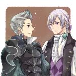  2boys armor brooch butler emino_25 fire_emblem fire_emblem_fates grey_eyes jakob_(fire_emblem) jewelry looking_at_another male_focus multiple_boys ponytail purple_eyes shoulder_armor silas_(fire_emblem) upper_body 