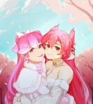  2girls bao_(vtuber) bare_shoulders breasts choker cloud9 commentary creator_connection dragon_girl dragon_horns hair_between_eyes hair_ornament hairclip heart horns hug indie_virtual_youtuber jewelry lips long_hair long_sleeves looking_at_viewer multiple_girls necklace outdoors pink_hair ponytail red_eyes sleeveless thernz upper_body vienna_(vtuber) virtual_youtuber 