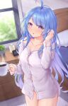  1girl absurdres adjusting_hair azur_lane bare_shoulders bed bedroom blonde_hair blush bottomless breasts buttons casual coffee coffee_mug collared_shirt cowboy_shot cup curly_hair english_commentary gradient_hair groin hand_up helena_(azur_lane) highres holding holding_cup kyl490 long_hair long_sleeves looking_at_viewer medium_breasts messy_hair morning mug multicolored_hair naked_shirt no_bra no_panties off_shoulder open_mouth purple_eyes purple_hair shirt solo standing sunlight thighs very_long_hair white_shirt 
