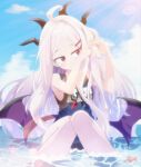  1girl adjusting_hair ahoge bangs blue_archive blue_sky blue_swimsuit cloud cloudy_sky commentary_request demon_girl demon_horns demon_wings eyes_visible_through_hair forehead hair_ornament hairclip highres hina_(blue_archive) hina_(swimsuit)_(blue_archive) horns in_water kikari knees_up long_hair looking_away ocean official_alternate_costume old_school_swimsuit one_side_up purple_eyes school_swimsuit sidelocks sitting sky sleeveless smile solo starfish swimsuit translation_request whistle whistle_around_neck white_hair wings 