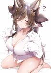  1girl ? animal_ears bare_legs bed_sheet blue_hair blush breasts brown_hair cleavage closed_eyes collarbone collared_shirt galleon_(granblue_fantasy) granblue_fantasy hair_between_eyes highres horns iwao_(pixiv258710) large_breasts long_hair long_sleeves multicolored_hair partially_unbuttoned pointy_ears shirt sitting sleeves_rolled_up solo streaked_hair wariza white_shirt 