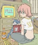  1girl absurdres alcohol amazon_(company) barefoot beer box cat chips crop_top flcl food green_eyes haruhara_haruko highres miyu_miyu pants pantsu-ripper pink_hair potato_chips television toes 