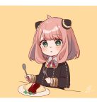  1girl anya_(spy_x_family) bangs blush border brooch child collared_shirt female_child food fork green_eyes hairpods highres holding holding_fork holding_spoon jewelry ketchup looking_at_viewer medium_hair neck_ribbon omurice parted_lips pink_hair plate ribbon rino_cnc school_uniform shirt signature solo spoon spy_x_family swept_bangs utensil 