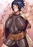  1girl bangs belt blue_hair blush bodysuit breasts brown_coat clenched_teeth coat covered_navel covered_nipples cowboy_shot fishnet_bodysuit fishnets forehead_protector haikawa_hemlen hand_up high_ponytail highres huge_breasts jewelry konohagakure_symbol large_areolae looking_at_viewer microskirt mitarashi_anko naruto naruto_(series) naughty_face necklace ninja open_clothes open_coat orange_eyes see-through shiny shiny_clothes shiny_hair skirt solo swept_bangs teeth thighs 