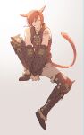  1boy animal_ears arm_tattoo armor bare_shoulders braid braided_ponytail brown_footwear cat_boy cat_ears cat_tail closed_eyes facial_mark facing_viewer final_fantasy final_fantasy_xiv full_body fur_trim g&#039;raha_tia greaves grey_background grin highres knee_up male_focus miqo&#039;te own_hands_together pouch red_hair shirt shoes short_hair short_ponytail simple_background single_braid sitting sleeveless sleeveless_shirt smile solo tail tail_raised tattoo v-shaped_eyebrows v_arms vambraces zinnkousai3850 