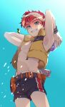  1boy arms_behind_back child commentary_request from_below hat highres jacket looking_at_viewer male_child male_focus navel original outdoors red_hair sayasaka shorts sun_hat teeth water water_drop whistle 