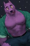  abs anthro areola belt bernard_(ok_k.o.!_lbh) blep bottomwear bulge canid canine canis cartoon_network clothed clothing dopq fur green_clothing green_shirt green_topwear hi_res male mammal muscular muscular_anthro muscular_male nipples ok_k.o.!_let&#039;s_be_heroes open_clothing open_shirt open_topwear pecs purple_body purple_fur purple_nipples shirt shorts sky solo star starry_sky tongue tongue_out topwear torn_bottomwear torn_clothing torn_shorts wolf yellow_sclera 