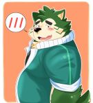  2022 absurd_res anthro belly big_belly black_nose blush canid canine canis clothed clothing domestic_dog green_body hi_res jinastray kemono lifewonders live-a-hero male mammal mokdai overweight overweight_male simple_background solo video_games 