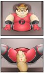  2022 anthro anus balls belly big_belly brown_body butt clothing erection genitals gumpang0 hi_res humanoid_genitalia humanoid_hands humanoid_penis kemono knavie_(k_navie) lutrine lying male mammal mustelid one_eye_closed overweight overweight_male penis skinsuit solo through_wall tight_clothing visor 