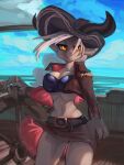  3:4 ahriannah_(feardakez) anthro belt big_breasts bottomwear bovid bovine breasts cape_buffalo clothing cloud ear_piercing ear_ring female general-irrelevant hair hi_res jacket mammal navel on_ship outside piercing pirate skirt smile solo steering_wheel topwear white_hair yellow_eyes 