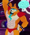  abs animal_humanoid anthro armpit_hair body_hair bow_tie clothing english_text five_nights_at_freddy&#039;s five_nights_at_freddy&#039;s:_security_breach furred_neck glamrock_freddy_(fnaf) hairy hi_res humanoid male mammal mammal_humanoid mizfurs muscular muscular_male piercing scottgames solo speedo swimwear text ursid ursid_humanoid video_games 