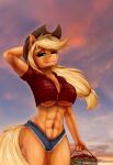  abs anthro applejack_(mlp) big_breasts bottomwear breasts cleavage clothed clothing cowboy_hat denim denim_clothing female friendship_is_magic hair hat headgear headwear invalid_tag jeans long_hair muscular my_little_pony pants raised_arm shamziwhite shirt short_jeans shorts solo standing tied_shirt topwear 