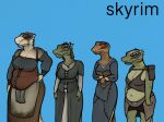  2022 anthro apron argonian armor armwear belly bethesda_softworks blue_background bottomwear breasts chubby_anthro chubby_female cleavage clothed clothing crop_top deeja dress english_text female frown group headgear headwear hi_res horn humor keerava looking_at_viewer love_handles meme navel ncs non-mammal_breasts overweight overweight_anthro overweight_female reptile scales scalie scar shahvee shirt simple_background skirt skyrim smile standing tank_top text the_elder_scrolls topwear video_games weezer weezer_(blue_album) wujeeta 