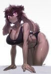  2022 5_fingers anthro bent_over big_breasts black_bottomwear black_clothing black_topwear bottomwear breasts cleavage clothed clothing female fingers floppy_ears fur hi_res lagomorph leporid mammal pgm300 purple_eyes rabbit signature simple_background solo swimwear topwear white_background 