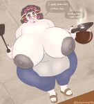  anthro areola belly beverage beware_the_shadowcatcher big_breasts bovid breasts caprine clothed clothing coffee ear_piercing elderly_female eyewear female footwear fur glasses grey_areola grey_hair grey_nipples hair hair_curlers hi_res hooved_toes huge_breasts huge_thighs lips mammal mature_anthro mature_female maude_(bts) morbidly_obese nipples nude obese overweight overweight_anthro overweight_female panties panties_down partially_clothed piercing rosanne_(artist) sandals sheep simple_background solo solo_focus speech_bubble text thick_bottom_lip thick_thighs underwear underwear_down white_body white_fur wide_hips 