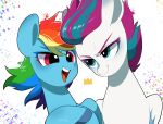  abstract_background blue_body blue_eyes digital_media_(artwork) duo equid equine eyelashes female feral friendship_is_magic hair half-closed_eyes hasbro hi_res mammal mlp_g5 multicolored_hair my_little_pony narrowed_eyes open_mouth pegasus pink_hair potetecyu_to rainbow_dash_(mlp) rainbow_hair red_eyes smile white_body wings zipp_storm_(mlp) 