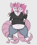  2_heads 2_tails 4_arms anthro belly big_belly big_breasts breasts clothed clothing deyanira female hair hi_res mammal mouse multi_arm multi_head multi_limb multi_tail murid murine overweight overweight_female pink_hair rodent solo sutibaru 
