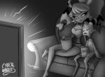 &lt;3 bottomwear breasts claws clothed clothing crossed_legs cynical_wonders demon duo eyelashes eyes_closed female food freckles furniture hair helluva_boss hi_res hooves horn humanoid imp larger_female long_hair male male/female monochrome moxxie_(helluva_boss) not_furry open_mouth pajamas popcorn popcorn_bag shirt shorts size_difference sleeping sleeping_on_partner sleepwear smaller_male smile sofa spade_tail succubus television topwear verosika_mayday_(helluva_boss) wings 