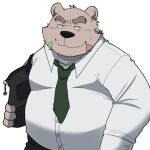  1:1 2022 anthro belly big_belly black_nose bottomwear clothing cute_fangs hi_res kemono male mammal necktie overweight overweight_male pants shirt simple_background solo topwear ursid whitebeast20 