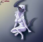  absol anthro blush breasts canid canine claws digital_media_(artwork) female fur horn looking_at_viewer mammal nintendo nipples nude open_mouth pok&eacute;mon pok&eacute;mon_(species) ramerooni simple_background solo video_games white_body white_fur 