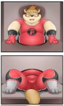  2022 anthro belly big_belly brown_body bulge clothing gumpang0 hi_res humanoid_hands kemono knavie_(k_navie) lutrine lying male mammal mustelid overweight overweight_male skinsuit solo through_wall tight_clothing visor 