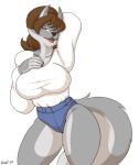  absurd_res anthro bedroom_eyes big_breasts bottomwear breasts canid canine canis chloe_shiwulf clothing female hi_res hotpants looking_at_viewer mammal narrowed_eyes seductive shorts solo thick_thighs wolf zp92 
