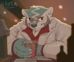  anthro badger beverage cheek_tuft clothed clothing container cup detailed facial_tuft fur grey_body grey_fur grey_nose hi_res holding_object ice inside male mammal mustelid musteline pecs red_eyes solo tuft white_body white_clothing white_fur yakuza yakuza_(series) zi_ran ziran_(character) 