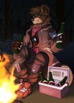  alcohol anthro beer beverage brown_bear brown_body brown_fur brown_hair clothed clothing cooler detailed_background digital_media_(artwork) fire fireplace forest fur green_eyes grizzly_bear hair hi_res kiaayo log looking_at_viewer male mammal night plant sitting sitting_on_log smile solo tree tuft ursid ursine wood xintro 